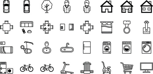 Black and white line art icons depicting cars people houses furniture appliances and other household items