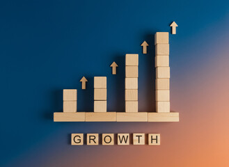 Fototapeta premium Strategic visualization of market growth and financial success, depicted by an ascending bar graph made from wooden blocks