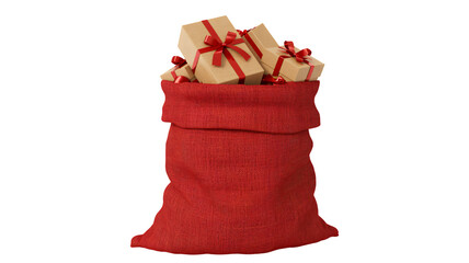Santa's red sack overflows with beautifully wrapped gifts tied with festive ribbons