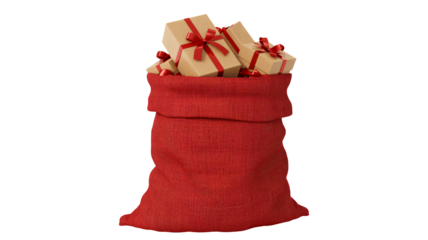 Santa's red sack overflows with beautifully wrapped gifts tied with festive ribbons