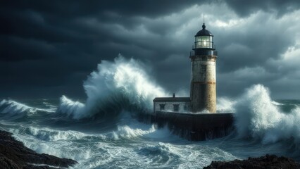 Lighthouse on rocky coast during stormy weather
