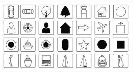 A collection of various black and white icons arranged in a grid pattern on a white background