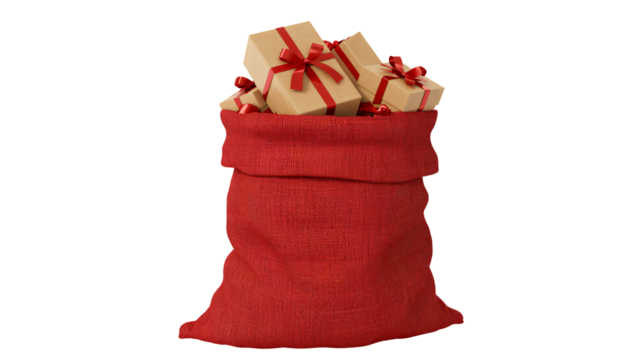 Santa's red sack overflows with beautifully wrapped gifts tied with festive ribbons