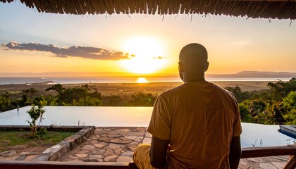 Man watches sunset over infinity pool and tropical landscape.