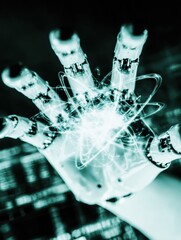 Premium AI Robotic Hand with Quantum Computing Hologram Modern Tech Visualization for Digital Marketing and Advertising