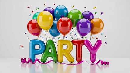Colorful balloons with party text and confetti celebration background