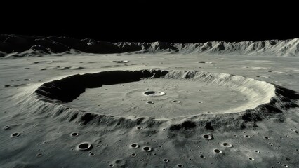 Lunar landscape with crater and distant mountains