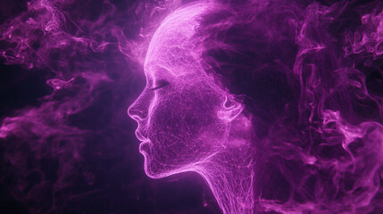 Thoughts dissolving into streams of neon particles with glowing trails and dynamic motion representing imagination, consciousness, digital mind, abstract energy, and futuristic visualization