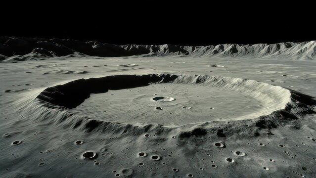 Lunar landscape with crater and distant mountains - Powered by Adobe