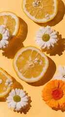 Vibrant Food Styling Cheerful Yellow Lemon Slices and Daisies for Modern Spring Marketing Content and Social Media
