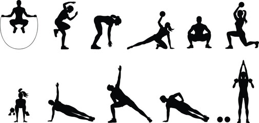 Silhouette illustration of people doing fitness exercises and workout training with dumbbells and ropes representing strength, health, gym, and active lifestyle