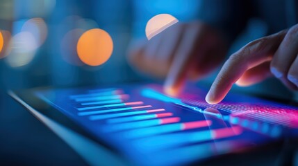 A person interacts with a digital touchscreen, displaying vibrant data visualizations and colorful graphs in a modern tech environment.