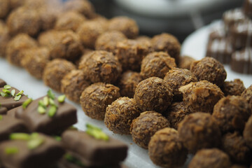 Delicious chocolate balls displayed at a confectionery shop