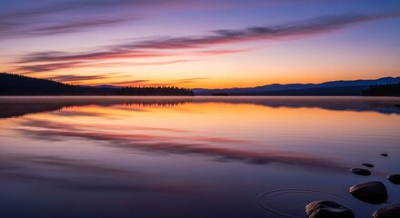 Vibrant Sunset Reflection Over Calm Lake Waters.