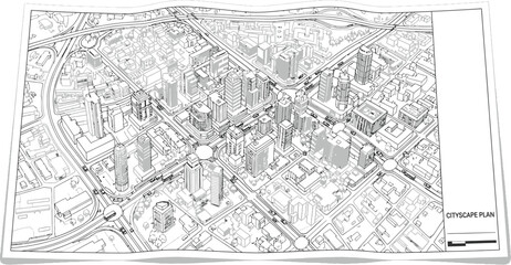 Detailed cityscape plan drawing showcasing buildings roads and infrastructure from an aerial perspective