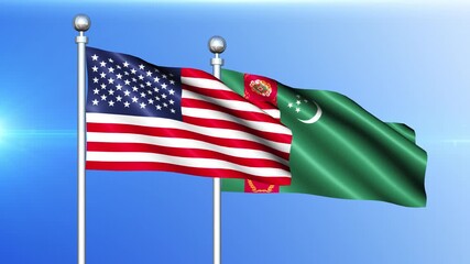 USA and Turkmenistan Flag Waving on Pole Loop