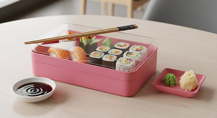 Colorful watercolor paint palette and artist's brush set with sushi and chopsticks on a plate for a creative food design