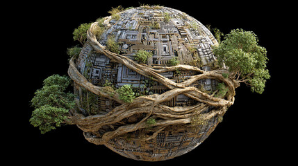 Tree roots wrapping around a digital circuit planet with glowing connections representing nature merging with technology, growth, sustainability, cybernetic ecosystem, and futuristic digital visualiza