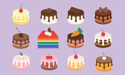 Colorful cartoon cake set with icing, fruit toppings, chocolate drips, birthday dessert icons, bakery sweets, cute pastry illustration