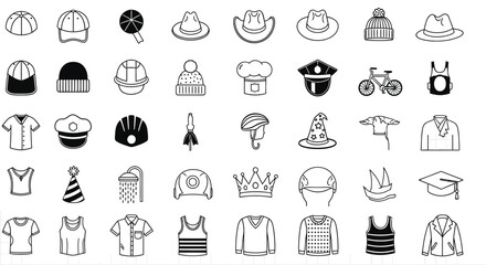 Assorted black and white line art icons of clothing and other objects on a grid background