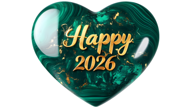 A malachite heart with gold accents and the words happy 2026 in gold lettering on a black background
