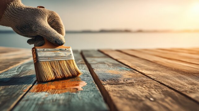 A hand uses a paintbrush to apply varnish on wooden planks, reflecting the sunlit water in the background, showcasing a serene and creative outdoor scene.