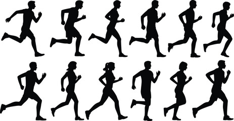Running Silhouette Collection of Male and Female Athletes in Dynamic Motion Poses for Sports, Fitness, Animation, and Biomechanics Design