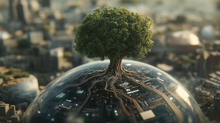 Tree roots wrapping around a digital circuit planet with glowing connections representing nature merging with technology, growth, sustainability, cybernetic ecosystem, and futuristic digital visualiza