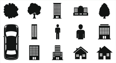 A collection of black and white icons featuring buildings trees people car and houses in a grid pattern