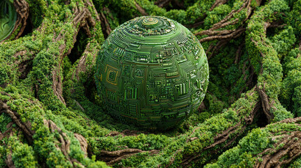 Tree roots wrapping around a digital circuit planet with glowing connections representing nature merging with technology, growth, sustainability, cybernetic ecosystem, and futuristic digital visualiza