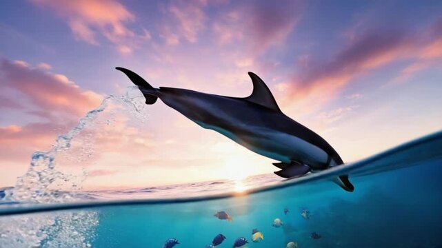 Dolphin jumping out of the ocean with fish swimming underneath a colorful sunset sky above it dolphin video