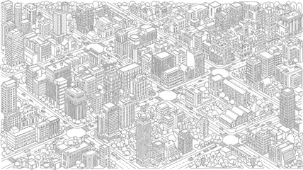 Isometric line art illustration of a densely populated city with buildings and streets view from above