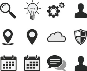 A sheet of paper with various black icons including a lightbulb and a calendar on a white background