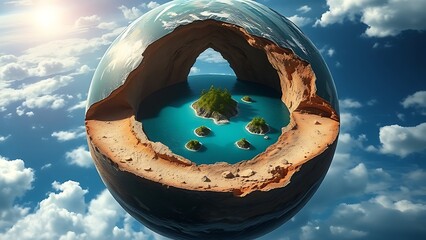 A cutaway Earth core reveals an azure ocean with floating islands, defying natural laws.