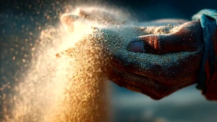 Hand releasing sand at sunset, capturing fleeting moments