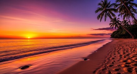 Vibrant Tropical Sunset Over Calm Ocean Waters.