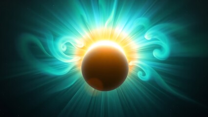 A painterly solar corona explosion with rippling aurora energy cascading toward a small blue planet.