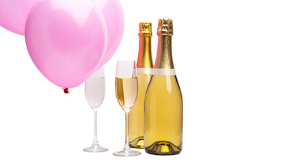 A romantic celebration with a chilled bottle of rosé champagne and two elegant glasses on a white background