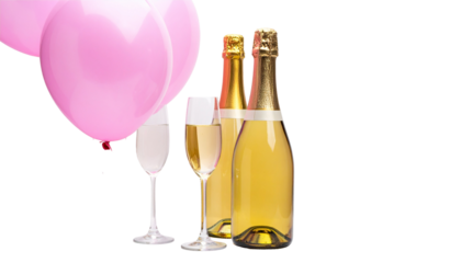 A romantic celebration with a chilled bottle of rosé champagne and two elegant glasses on a white background
