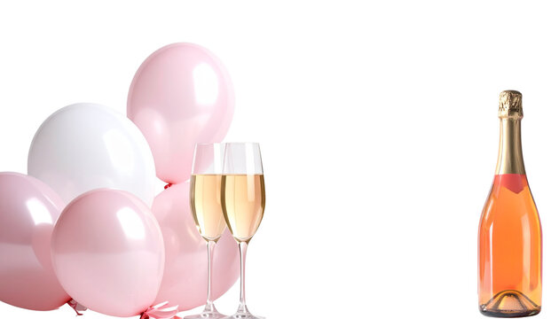 A romantic celebration with a chilled bottle of ros&eacute; champagne and two elegant glasses on a white background