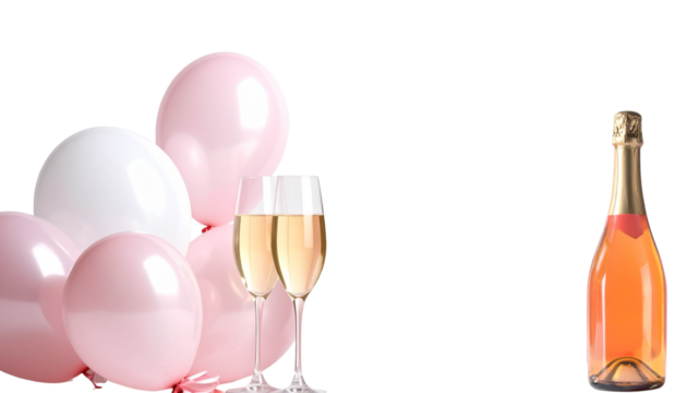 A romantic celebration with a chilled bottle of rosé champagne and two elegant glasses on a white background