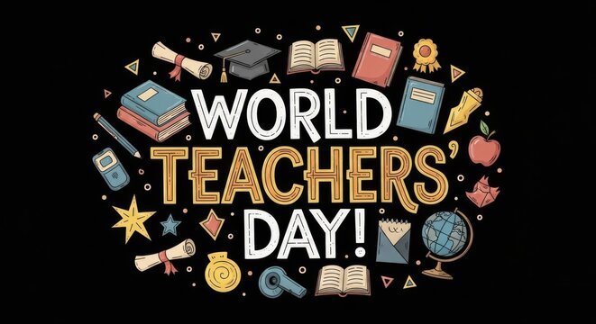World teachers day celebration with educational symbols and text