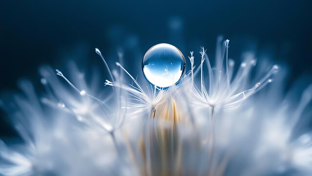 Macro close-up of a water droplet resting on a delicate dandelion seed against a soft blue background. Minimal and artistic nature concept with beautiful depth and clarity