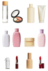 cosmetics set on white background: beauty products