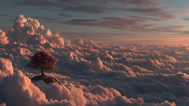 Virtual tree growing above the clouds with glowing branches and digital roots representing growth, nature, technology, surreal landscape, futuristic environment, and abstract digital visualization