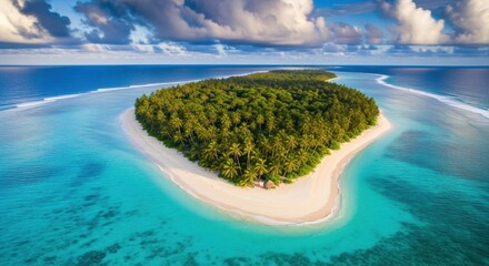 Aerial view of a lush green tropical island with white sand beach and turquoise water