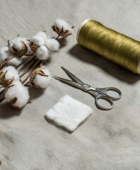 Fototapeta premium Premium Sustainable Fashion Repair Tools Inspiring Calm Focus for Eco-Conscious Marketing and Social Media Content
