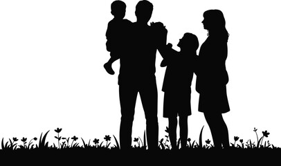 Silhouette of Happy Family Standing Together Outdoors with Children on Grass and Flowers in Nature, Love Bonding Parenting Concept