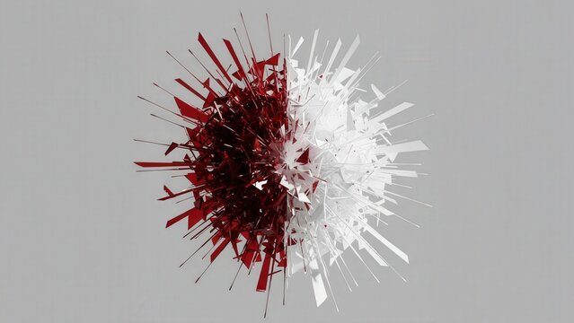 Abstract composition of shattered glass shards colored red and white in modern geometric pattern