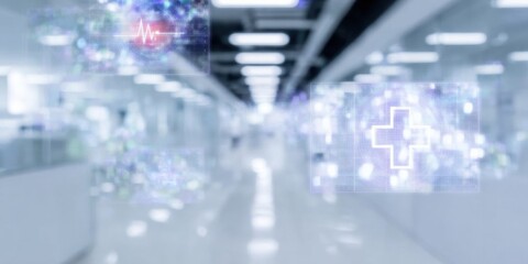Premium Futuristic Healthcare Modern Hospital Hallway with Holographic Telemedicine Icons for Digital Transformation Marketing Content